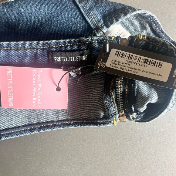 Pretty Little Thing Denim Mini Bandeau Buckle Vintage Wash Sz 6 NWT - Picture 7 of 9